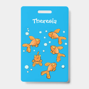 Cute orange goldfish on blue cartoon illustration ID badge