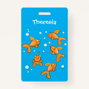 Cute orange goldfish on blue cartoon illustration ID badge