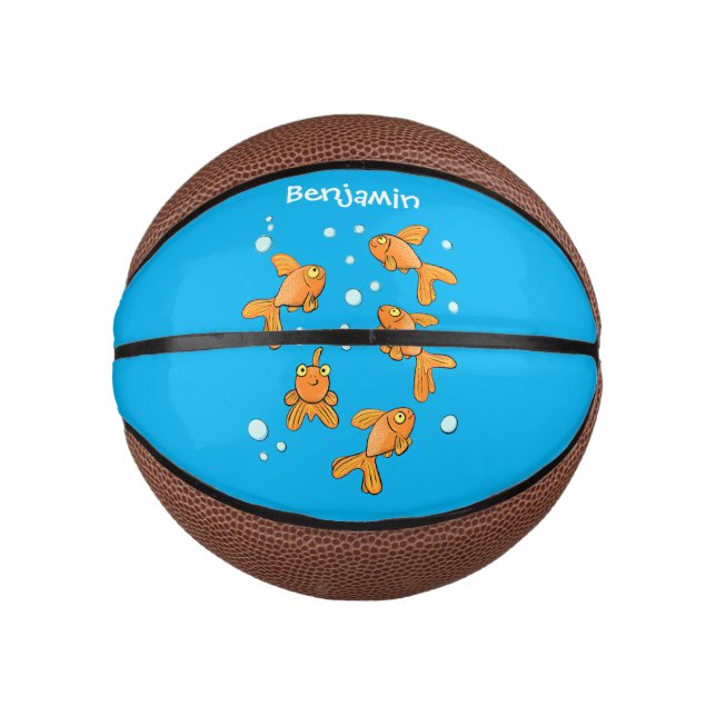Cute orange goldfish on blue cartoon illustration mini basketball (Front)