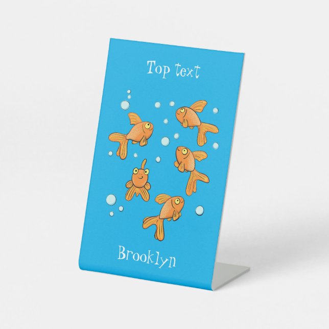 Cute orange goldfish on blue cartoon illustration pedestal sign (Front)