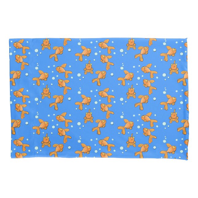 Cute orange goldfish on blue cartoon illustration pillowcase (Front)