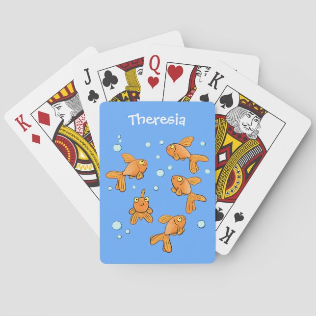 Cute orange goldfish on blue cartoon illustration playing cards (Back)