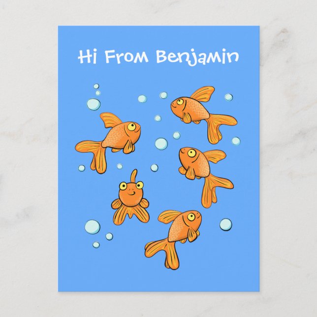 Cute orange goldfish on blue cartoon illustration postcard (Front)