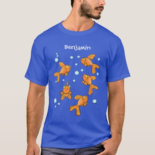 Cute orange goldfish on blue cartoon illustration T-Shirt (Front)