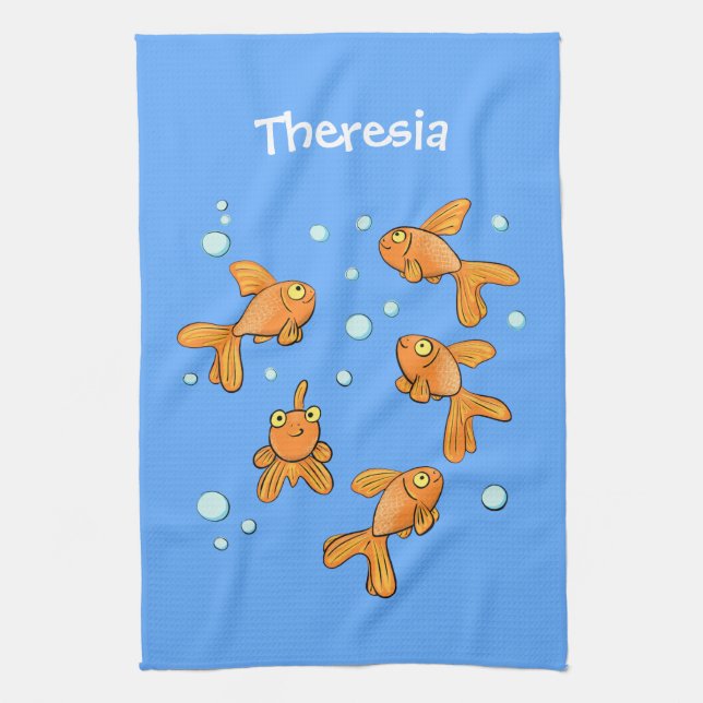 Cute orange goldfish on blue cartoon illustration tea towel (Vertical)