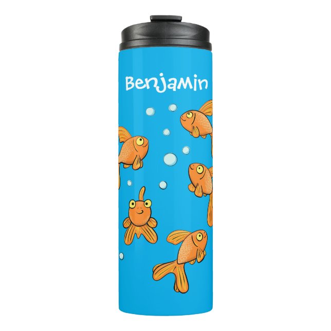 Cute orange goldfish on blue cartoon illustration thermal tumbler (Front)