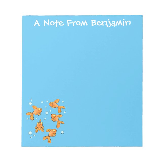 Cute orange goldfish on blue cartoon personalized notepad (Front)