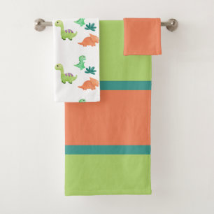Cute Orange & Green Dinosaur Bath Towel Set
