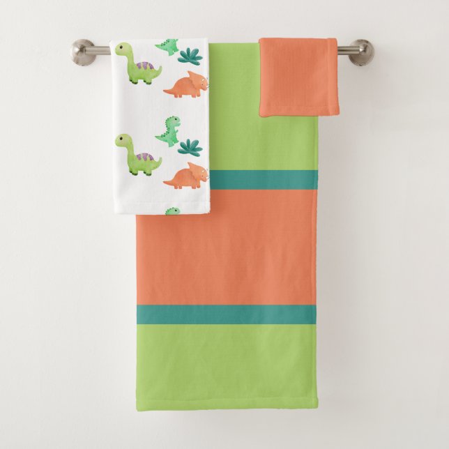Cute Orange & Green Dinosaur Bath Towel Set (Insitu)