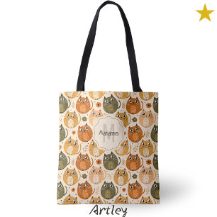 Cute Orange Grey Cat Polka Dot Name Monogram Tote Bag