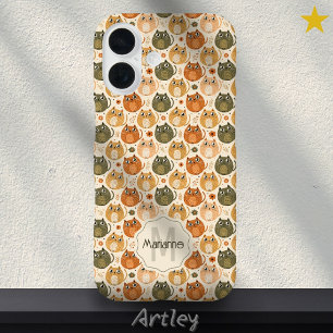 Cute Orange Grey Cat Polka Dots Name Monogram iPhone 16 Case