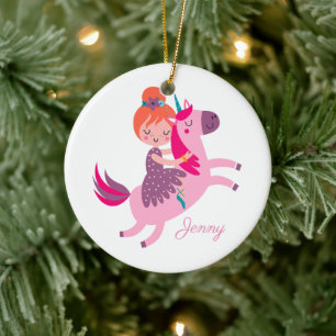 Cute Orange Haired Girl Riding on a Unicorn Ceramic Tree Decoration