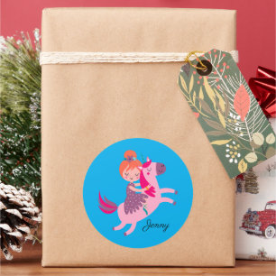 Cute Orange Haired Girl Riding on a Unicorn Classic Round Sticker