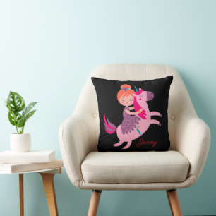 Cute Orange Haired Girl Riding on a Unicorn Cushion