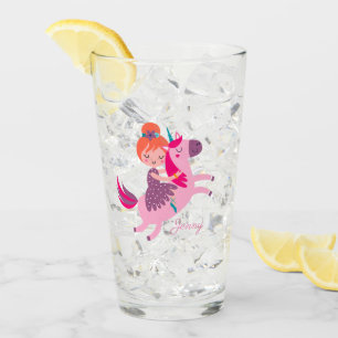 Cute Orange Haired Girl Riding on a Unicorn Glass