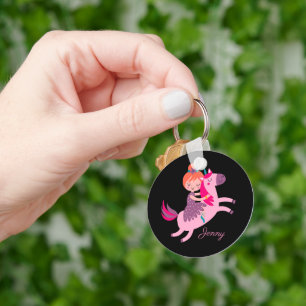 Cute Orange Haired Girl Riding on a Unicorn Key Ring