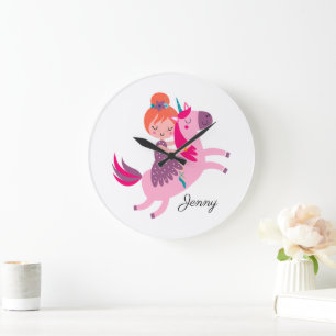 Cute Orange Haired Girl Riding on a Unicorn Large Clock