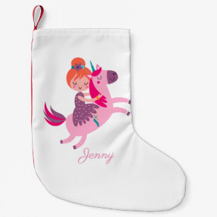 Cute Orange Haired Girl Riding on a Unicorn Small Christmas Stocking