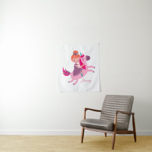 Cute Orange Haired Girl Riding on a Unicorn Tapestry
