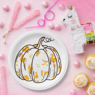 Cute Orange Halloween Icons in Pumpkin Paper Plate