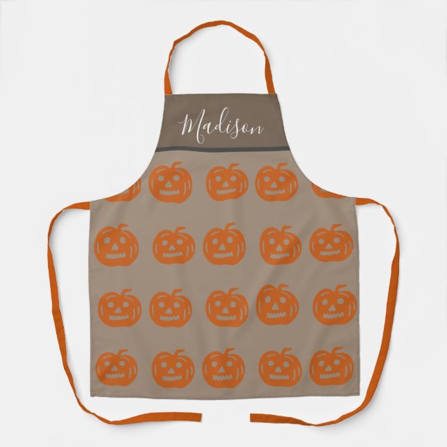 Cute Orange Halloween Pumpkins Womens Personalised Apron (Front)