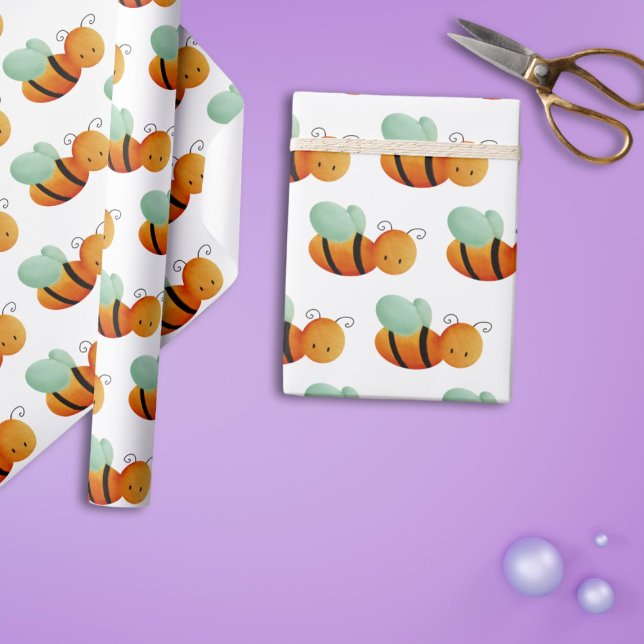 Cute Orange Honey Bee Pattern Illustrated  Wrapping Paper (Creator Uploaded)