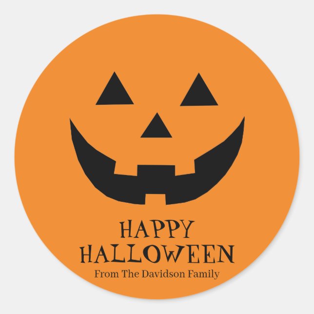 Cute orange Jack o lantern custom text Halloween Classic Round Sticker (Front)