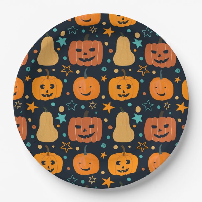 Cute Orange Jack O Lantern Pumpkin Halloween Paper Plate (Front)