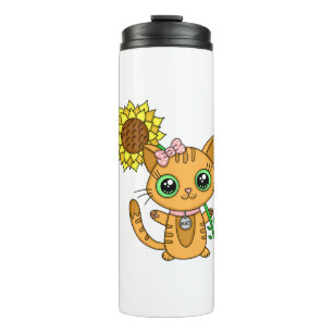 Cute Orange Kawaii Cat with Sunflower Thermal Tumbler