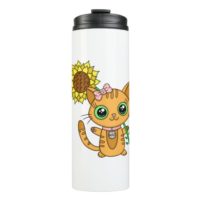 Cute Orange Kawaii Cat with Sunflower Thermal Tumbler (Front)