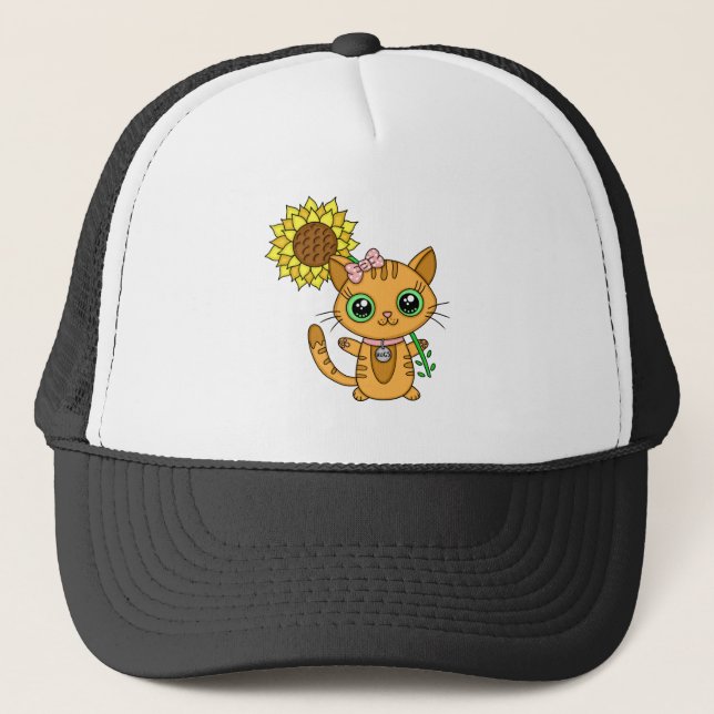 Cute Orange Kawaii Cat with Sunflower Trucker Hat (Front)