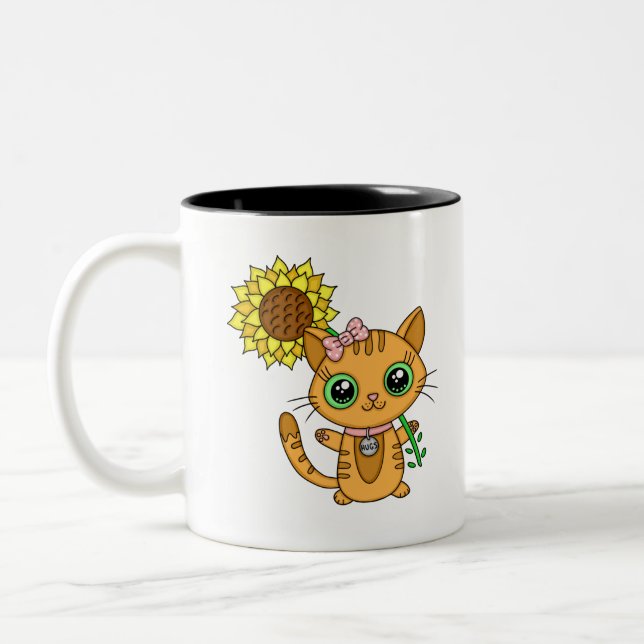Cute Orange Kawaii Cat with Sunflower Two-Tone Coffee Mug (Left)