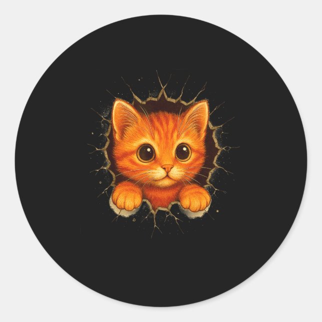 Cute Orange Kitten Cracks Mug Wall Funny Cat Lover Classic Round Sticker (Front)