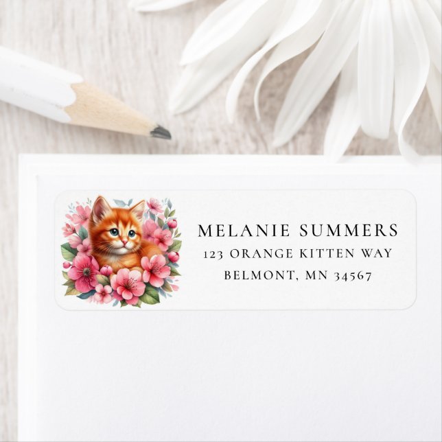 Cute Orange Kitten Flowers Return Address Label (Insitu)