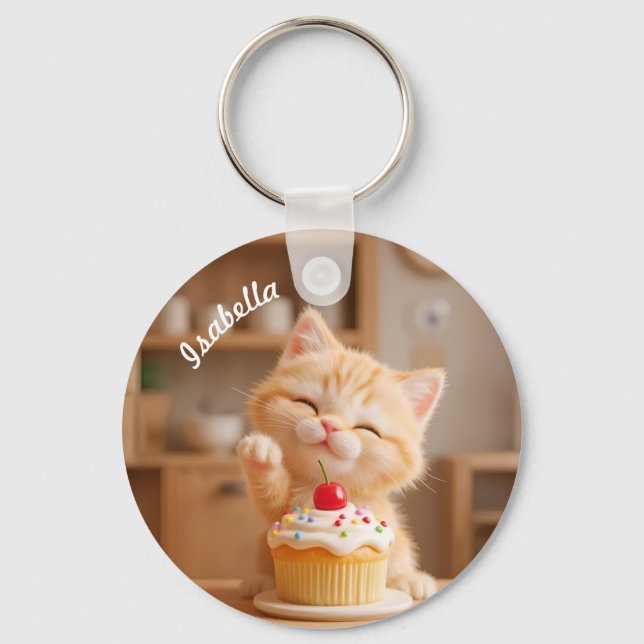 Cute Orange Kitten with a Cupcake Key Ring (Front)