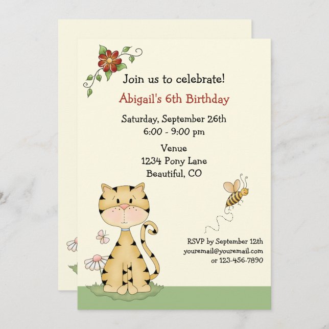 Cute Orange Kitty Cat and Flowers Birthday Invitation (Front/Back)