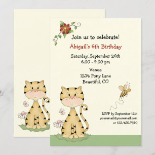 Cute Orange Kitty Cat and Flowers Birthday Invitation