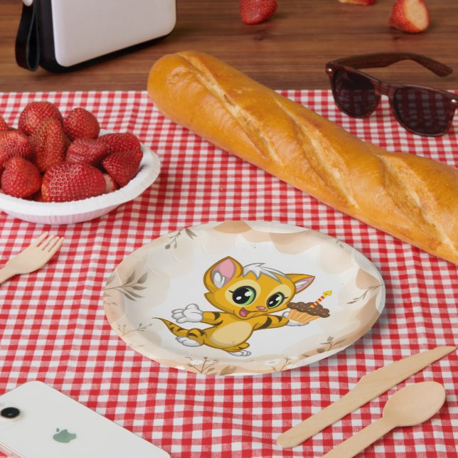 Cute Orange Kitty Cat Birthday Paper Plates (Picnic)