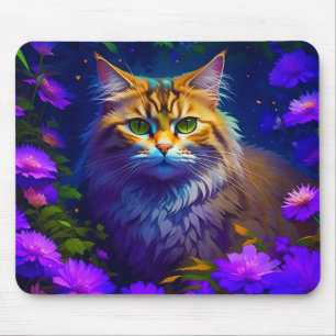 Cute Orange Kitty Cat in Flowers Mouse Mat