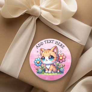 Cute Orange Kitty Cat in Flowers Personalised Classic Round Sticker