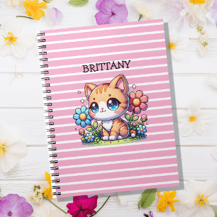 Cute Orange Kitty Cat in Flowers Personalised Notebook