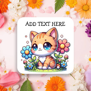 Cute Orange Kitty Cat in Flowers Personalised Square Sticker