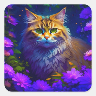 Cute Orange Kitty Cat in Flowers Square Sticker
