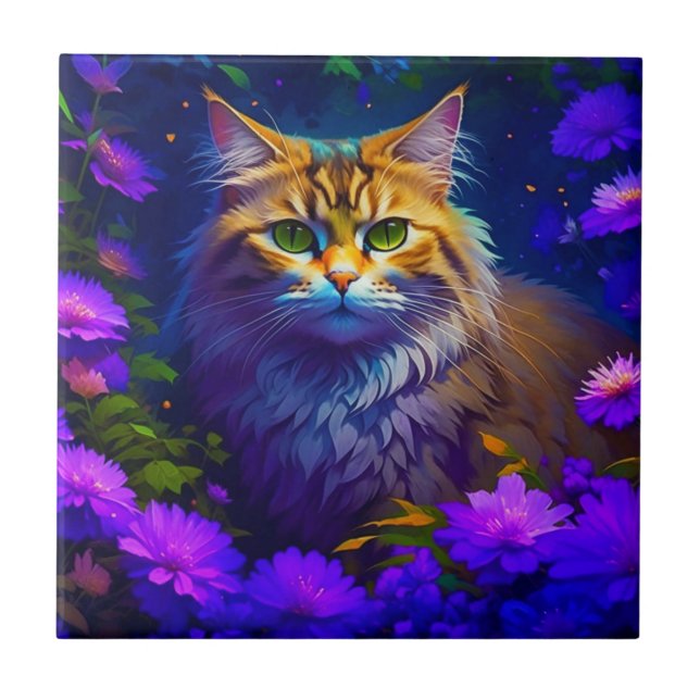 Cute Orange Kitty Cat in Flowers Tile (Front)