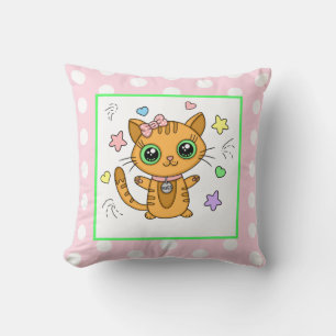 Cute Orange Kitty Cat pink Polka Dot Cushion