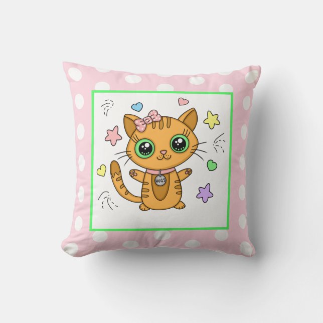 Cute Orange Kitty Cat pink Polka Dot Cushion (Front)