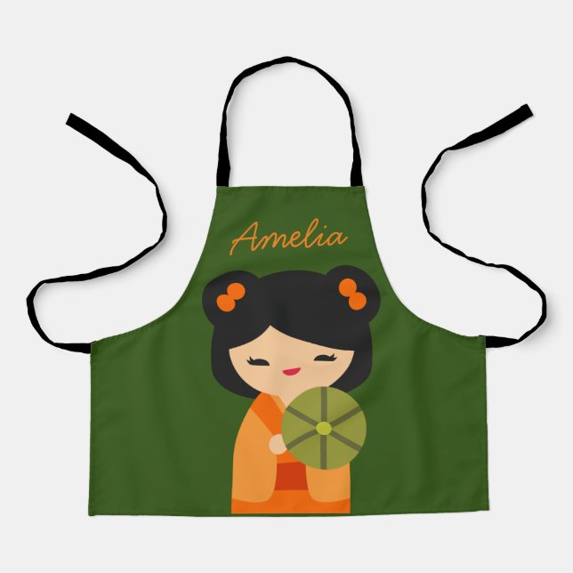 Cute orange Kokeshi Japanese dolls Apron (Front)