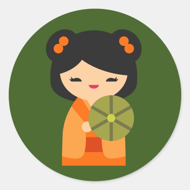 Cute orange Kokeshi Japanese dolls Classic Round Sticker (Front)