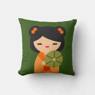 Cute orange Kokeshi Japanese dolls Cushion