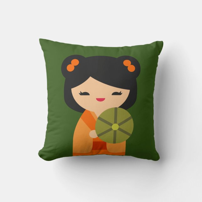 Cute orange Kokeshi Japanese dolls Cushion (Front)